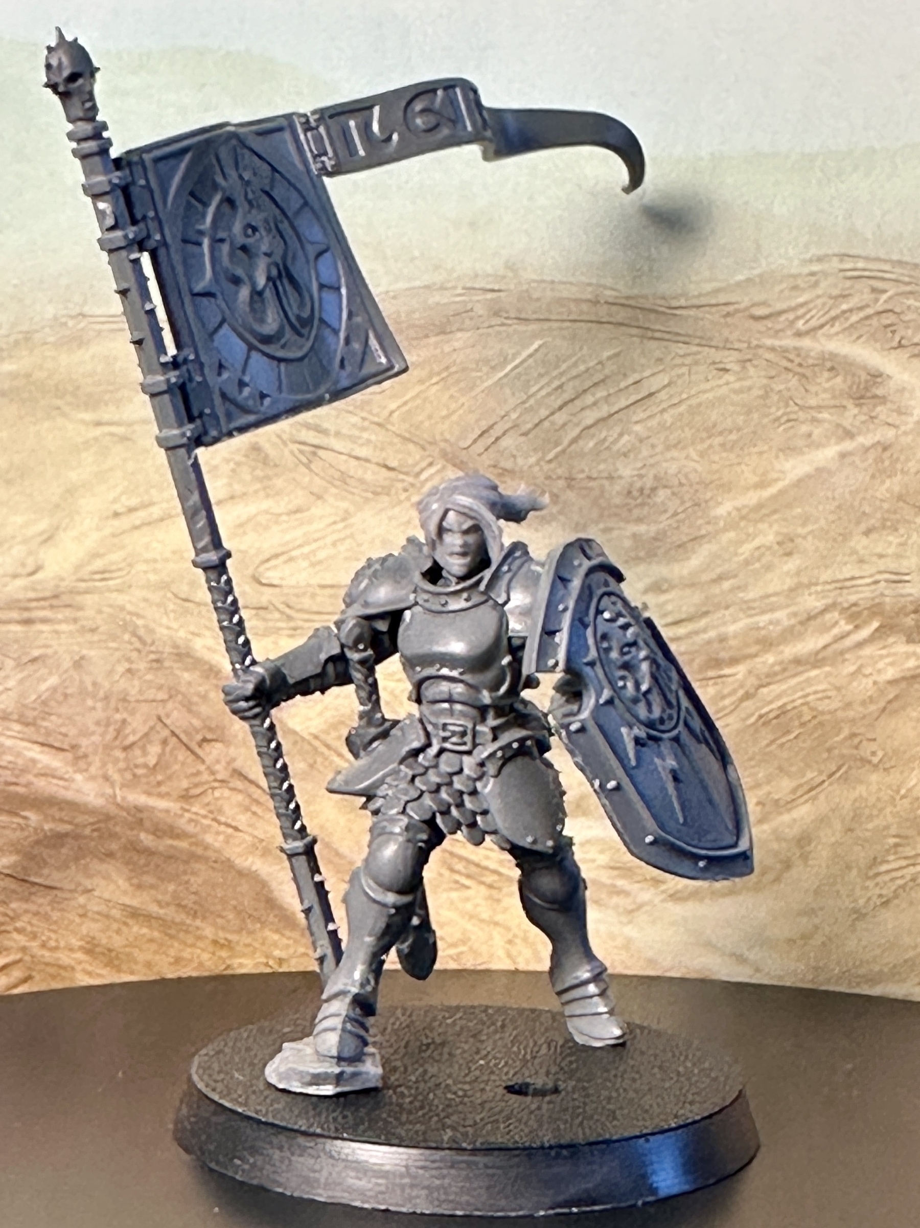 A converted Stormcast Eternals Vindictor miniature. Its spear has been replaced with a banner, and the head has been replaced with a 3D printed alternative. It has been posed dramatically, as if the banner and hair are blowing in the wind