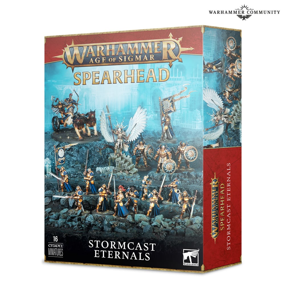 Box art of the Spearhead: Stormcast Eternals box set. It depicts the contents as 16 miniatures: Yndrasta, a Knight Vexillor, 3 Annihilators, a Stormstrike Chariot, and 10 Vanquishers.