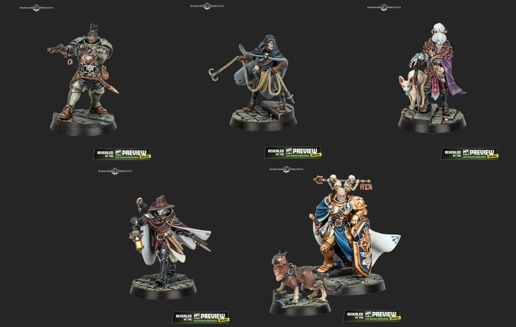 New miniatures previewed by Games Workshop (clockwise): Armand Callis, in light plate armour and wielding 2 flintlock pistols; Lyssa Revenya, in thieves garb and carrying a grappling hook; Mistress Verentia, the Weaver of Secrets, wearing nobles regalia, a metal glove with a magic stone in it, and a walking cane with a sharp metal point, and accompanied by a hairless cat wearing a prominently bejewelled collar; Valius, a Stormcast Eternal in heavy golden warplate, and accompanied by a gryph-hound; Hanniver Toll, in witch-hunter's uniform, carrying a lantern and a pistol with an underslung wooden stake.